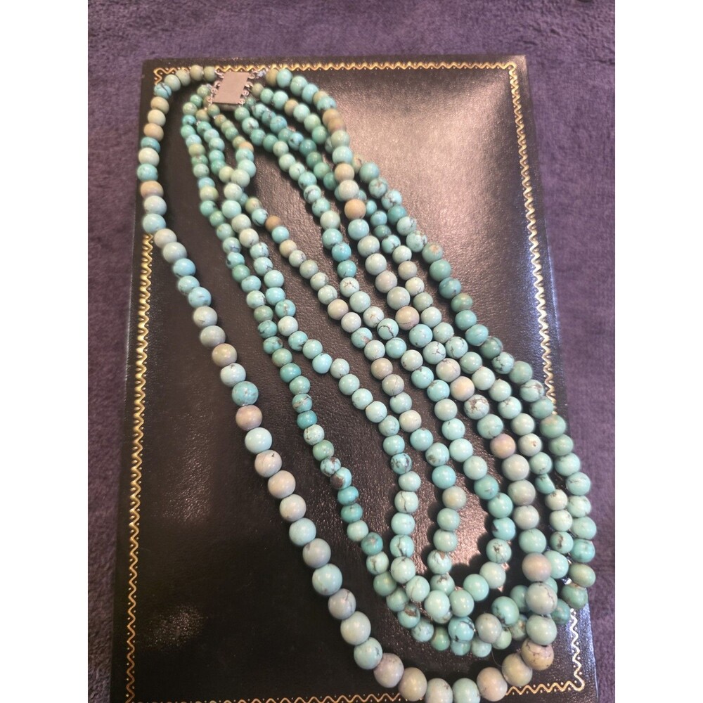Beaded Turquois 4 Strand Silver Clasp Choker Necklace-Vintage
